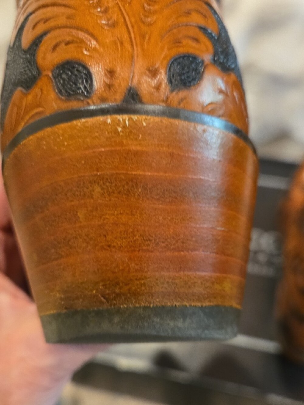 Lucchese Black And Brown Tooled Leather Cowboy Boots - Picture 6 of 9